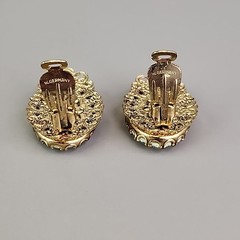 Vintage Flower Clip On Earrings Glass Transferware Germany Gold Tone Filigree