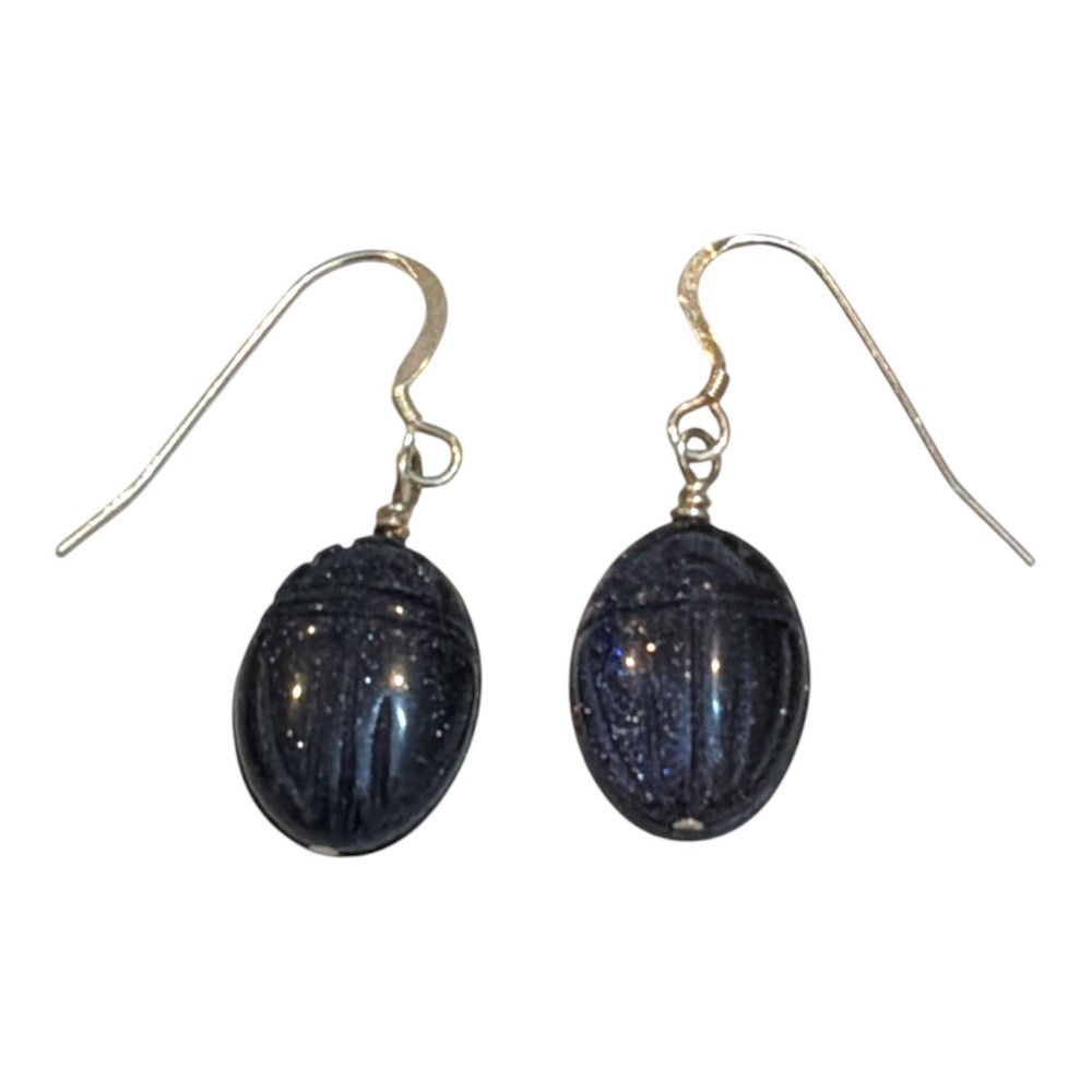 Vintage Sterling Silver 925 Blue Goldstone Scarab Earrings Egyptian Revival
