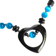 Y2K Hematite Heart Pendant Necklace Blue Glass Cats Eye Beaded Silver Tone 18”