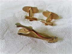 Vintage Gold Tone Cufflinks and Tie Bar Clip Clasp With Red Rhinestones KJ