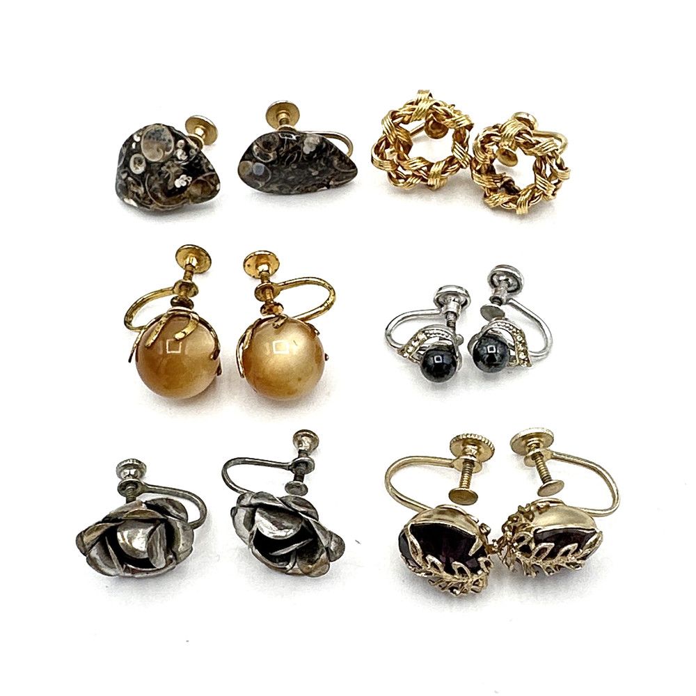 SCREW-BACK vintage earring lot – 6 sterling gold-filled fossil rhinestone Coro