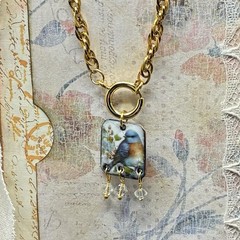 Hard to Find BLUEBIRD of Happiness, Vtg Gold Plated Rope Chain Necklace, OOAK