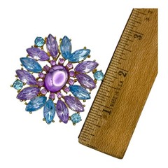 Vintage Pastel Purple Blue Rhinestone Brooch Cabochon Center Gold Tone Pin