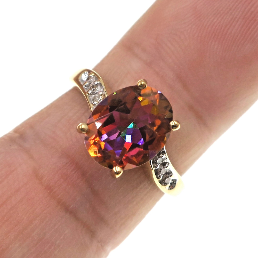Classic 10k Solid Yellow Gold 2.50ct Genuine Mystic Topaz & Diamond Ring Size 7