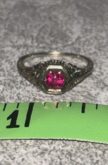 Antique 10k W Gold Vivid Pink Filigree Carved Etch Ring Nouveau Edwardian 2.25g