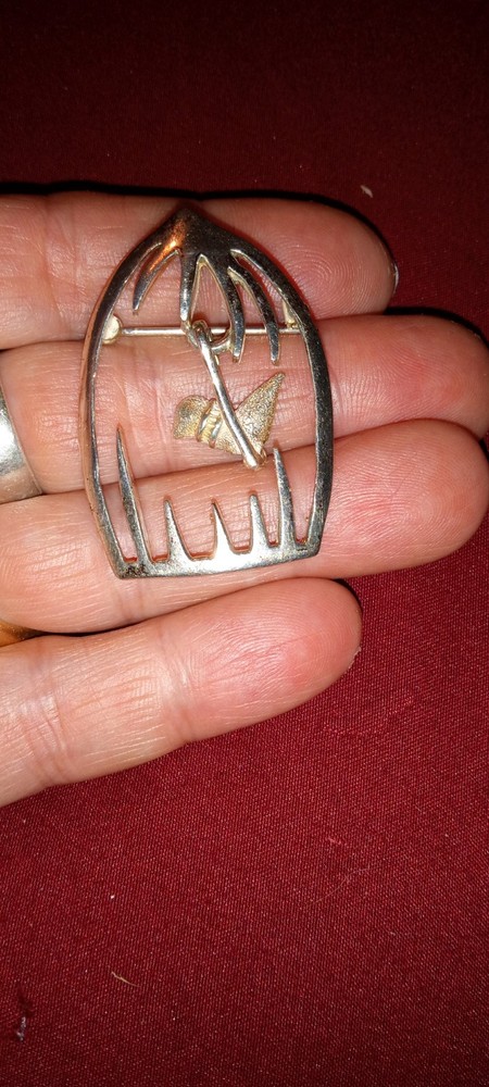 Charming MEXICO 925 STERLING BIRD IN CAGE PIN RETRO FASHION JEWELRY NICE PIECE