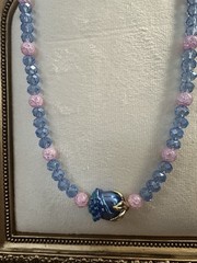 Crystal Glass Rose Necklace Faceted AB & Crackle Glass Beads Tagged By Maker