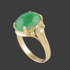 Solid 18K Yellow Gold Green Jade Cabochon & Diamond Estate Cocktail Ring
