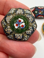 Vintage Italian Micro Mosaic Floral Brooch Hexagon Brass Pin & Pendant
