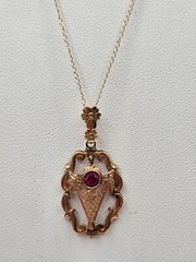 Antique 10k gold garnet Emco lavalier style pendant necklace art deco floral