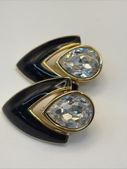 Vintage Swarovski Black Enamel Pear Rhinestone Button Clip On Earrings