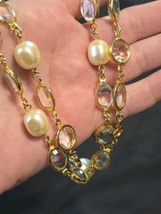 Vintage Clear Faceted Bezel Gold Tone Faux Pearl Classic Elegant Necklace 31″