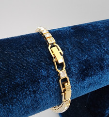 Swarovski Square Shape Crystal Tennis Bracelet Gold Plate Signed Adjustable 4mm