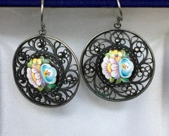 Vintage Painted Enameled Earring Soviet Cupronickel Finift Hand Wrought Filigree