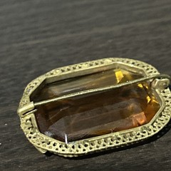 Vintage Nouveau Signed Czech Topaz Amber Glass Open Bezel Set Brooch Pin Amazing