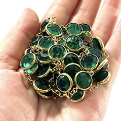 Long Gold Tone Emerald Green Crystal Station Necklace Faceted Bezel Set 36”