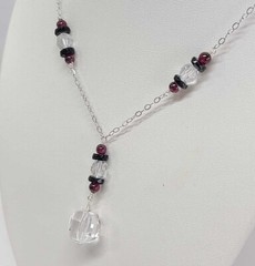 Sterling Silver Rock Quartz Crystal Cranberry Garnet Lavalier Pendant Necklace