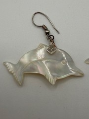 WHITE MOTHER-OF-PEARL DOLPHIN CHARM WIRE EARRINGS VINTAGE