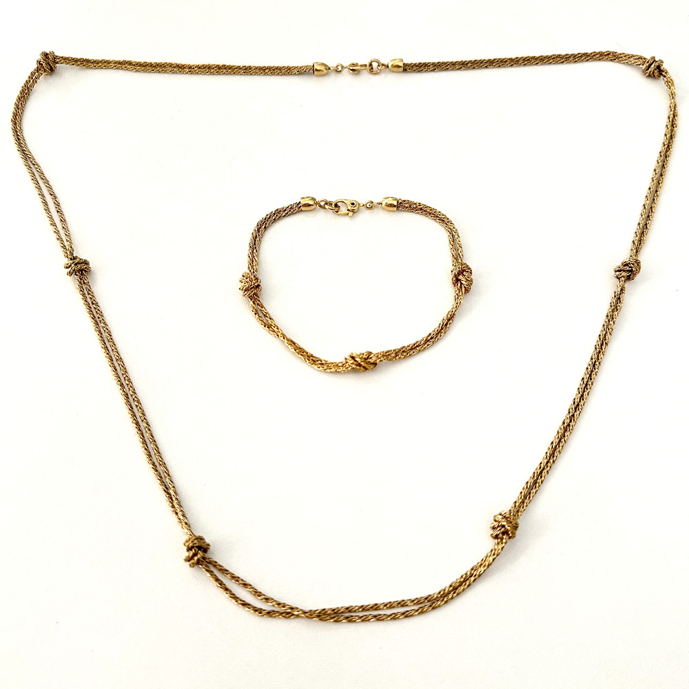 Vintage Gold Tone Rope Twist Knot Double Strand Necklace Bracelet Matching Set
