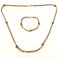 Vintage Gold Tone Rope Twist Knot Double Strand Necklace Bracelet Matching Set