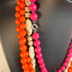 Vintage Beaded Necklace Orange Pink White Acrylic Kidcore Boho Statement Layered