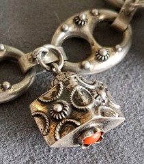 Vintage Etruscan 800 Silver Charm Bracelet With Fob Charms Ornate 7.5″ Coral