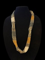 Vtg Beaded Multi Strands Necklace Boho Floral Ethnic Tribal Golden Silver Beads