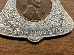VINTAGE BELL SHAPED “GOOD LUCK/NEVER GO BROKE” PENDANT W/1930 PENNY