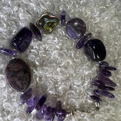 Vintage 0.925 Sterling Silver Amethyst Abalone links 7 3/4″ x 5/8″ Bracelet
