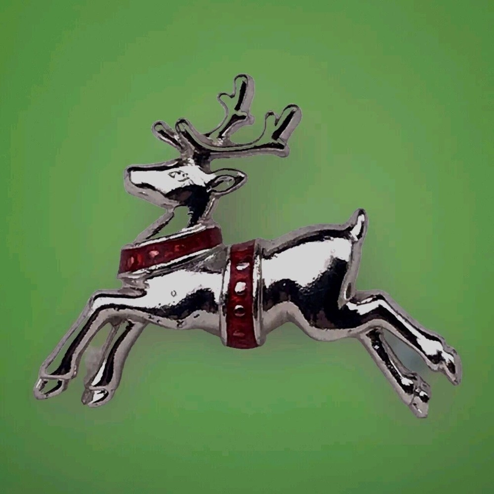 AVON Vintage Christmas Reindeer Pin Brooch Silver Tone Red Enamel Jumping
