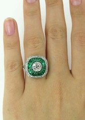 Art Deco Style Lab-Created Diamond Halo Emerald Wedding 14K White Gold FN Ring
