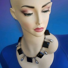 Original STERLING SILVER 925 Deco Onyx Modernist Necklace 186 Gr Vintage 18″ In