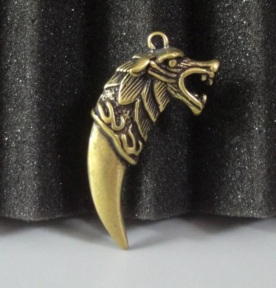 Solid Brass Cool Dragon FigurineTooth Shape Necklace Pendant Bag Charms