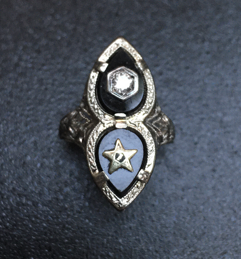 ANTIQUE BELAIS 14K White Gold FILIGREE DIAMOND ONYX RING – size 4
