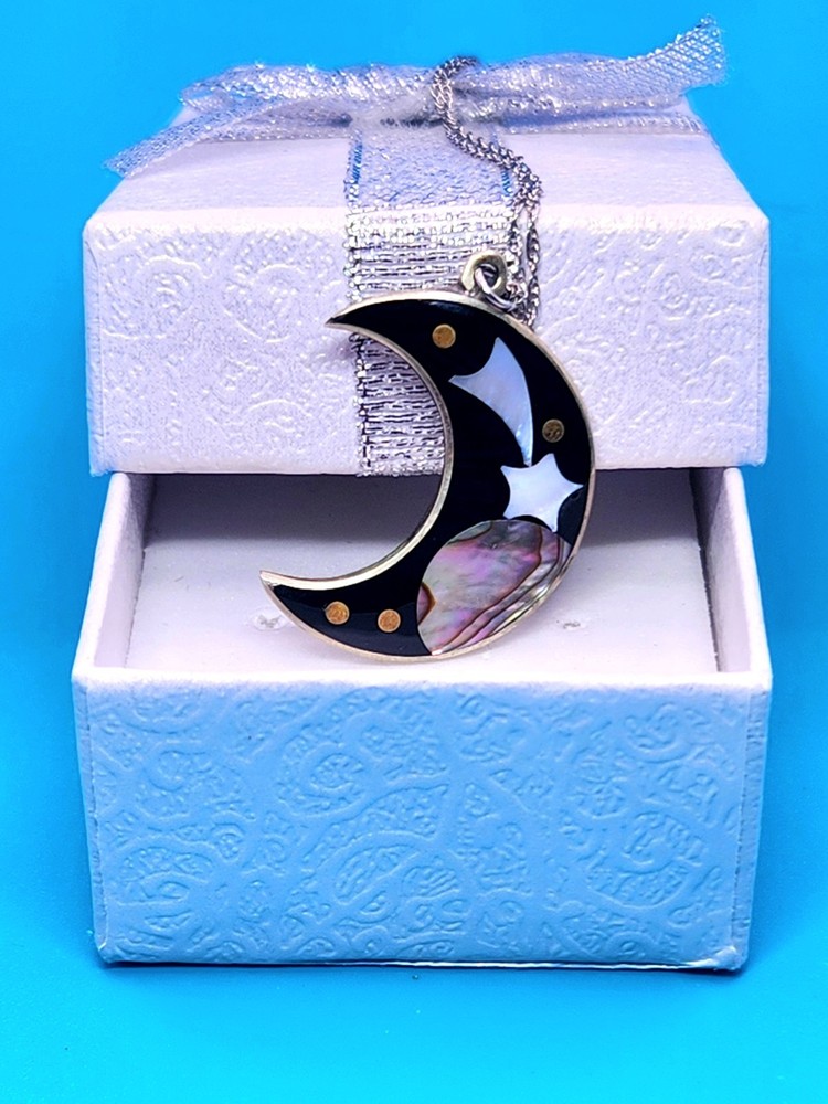 Vintage Alpaca Mexico Crescent Moon Necklace Mother Of Pearl Abalone Shell Rare