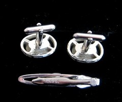 SWANK Cufflinks & Tie bar clip blue glass silvertone setting
