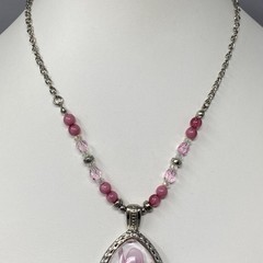 Pink Dichroic Glass Pendant Necklace Silver Tone Chain Acrylic Beads Collar 18″