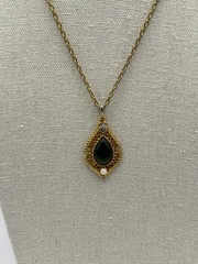 Vintage Green Jade Diamond Cultured Pearl Filigree Gold-tone Pendant Necklace