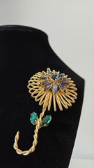 Signed Weiss Rhinestone Flower Brooch Blue Green Crystal Gold Tone Vintage