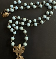 Antique Czech Glass Grape Cluster Necklace Brass Blue Bead Art Deco Neiger Style