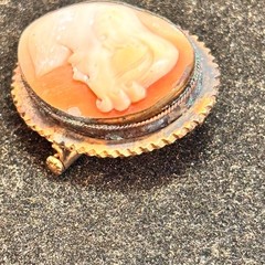 CAMEO brooch antique pink white trombone clasp brass frame heavy verdigris