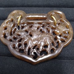 Carved Brown Stone Pendant Gold Tone