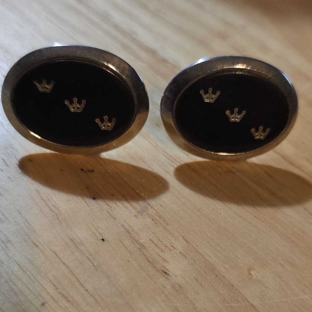 Vintage Oval Bullet Back Cufflinks Black Silver Enamel Three Crown Design