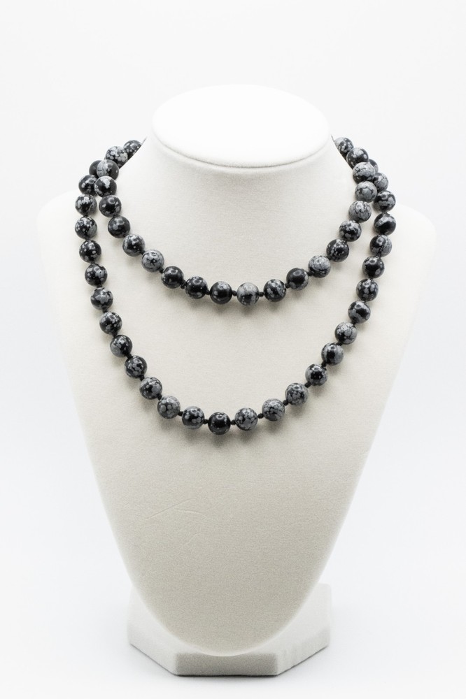 Vintage Snowflake Obsidian Bead Necklace Long Knotted Black Gray Stone Strand