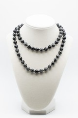 Vintage Snowflake Obsidian Bead Necklace Long Knotted Black Gray Stone Strand