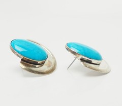 Vintage abstract modern geometry sterling silver blue gemstone signed earrings