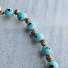 Vintage Lampwork Aqua Blue Glass Bead Necklace Textured Brass Spacers Art Glass