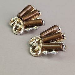 Vintage Necklace Clip On Earrings Set Brown Logs Gold Tone SHORT 13″