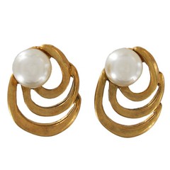 Vintage Gold Tone Spiral Small Stud Button Pierced Earrings 7mm Faux Pearl