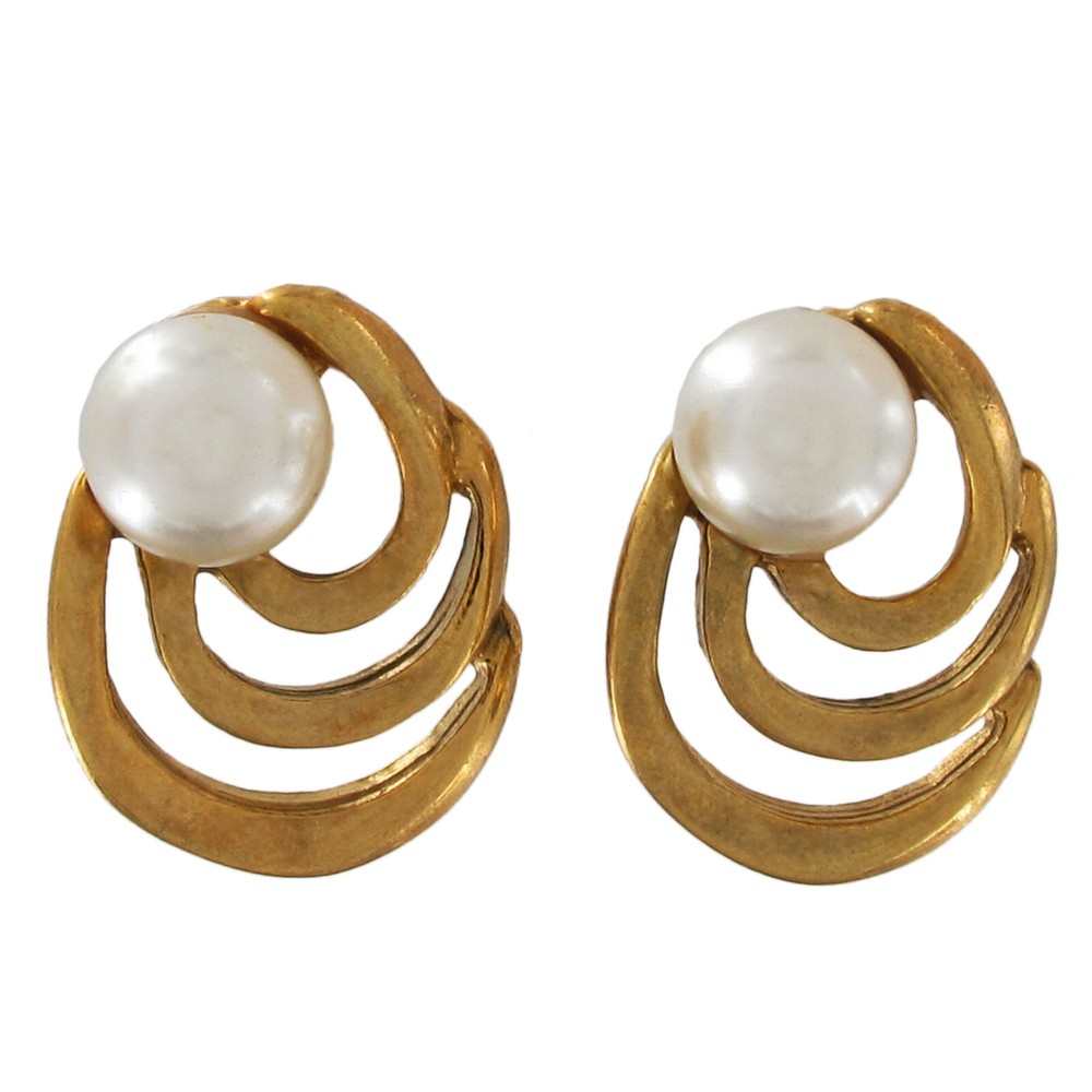 Vintage Gold Tone Spiral Small Stud Button Pierced Earrings 7mm Faux Pearl